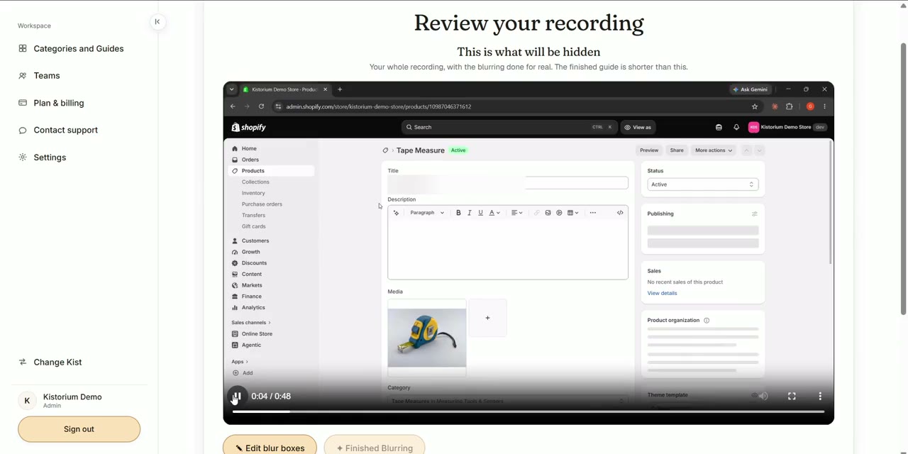 A real recording in Kistorium: the product title field is blurred out