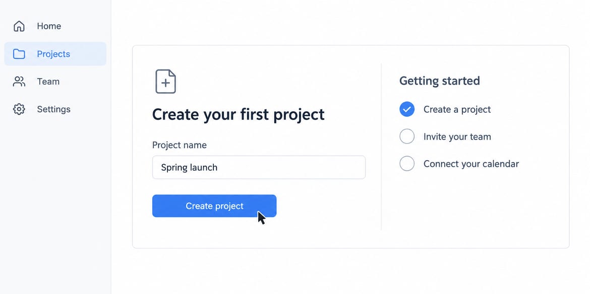 An illustration of a web app's first project screen, with the pointer on the Create project button