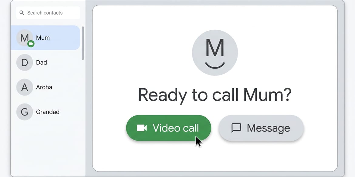 An illustration of a video calling app, with the pointer on the Video call button