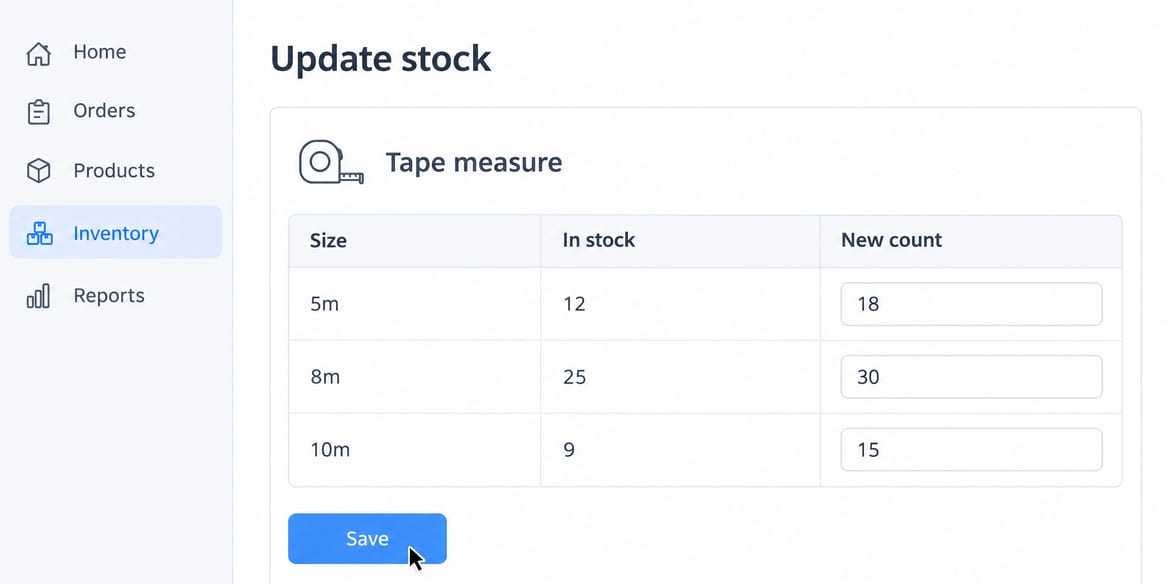 An illustration of a stock screen, with new counts typed in and the pointer on the Save button