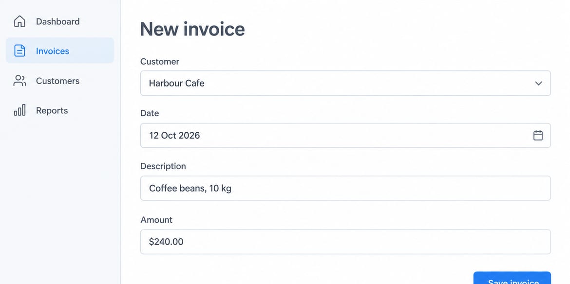An illustration of an invoicing app, with the pointer on the Save invoice button